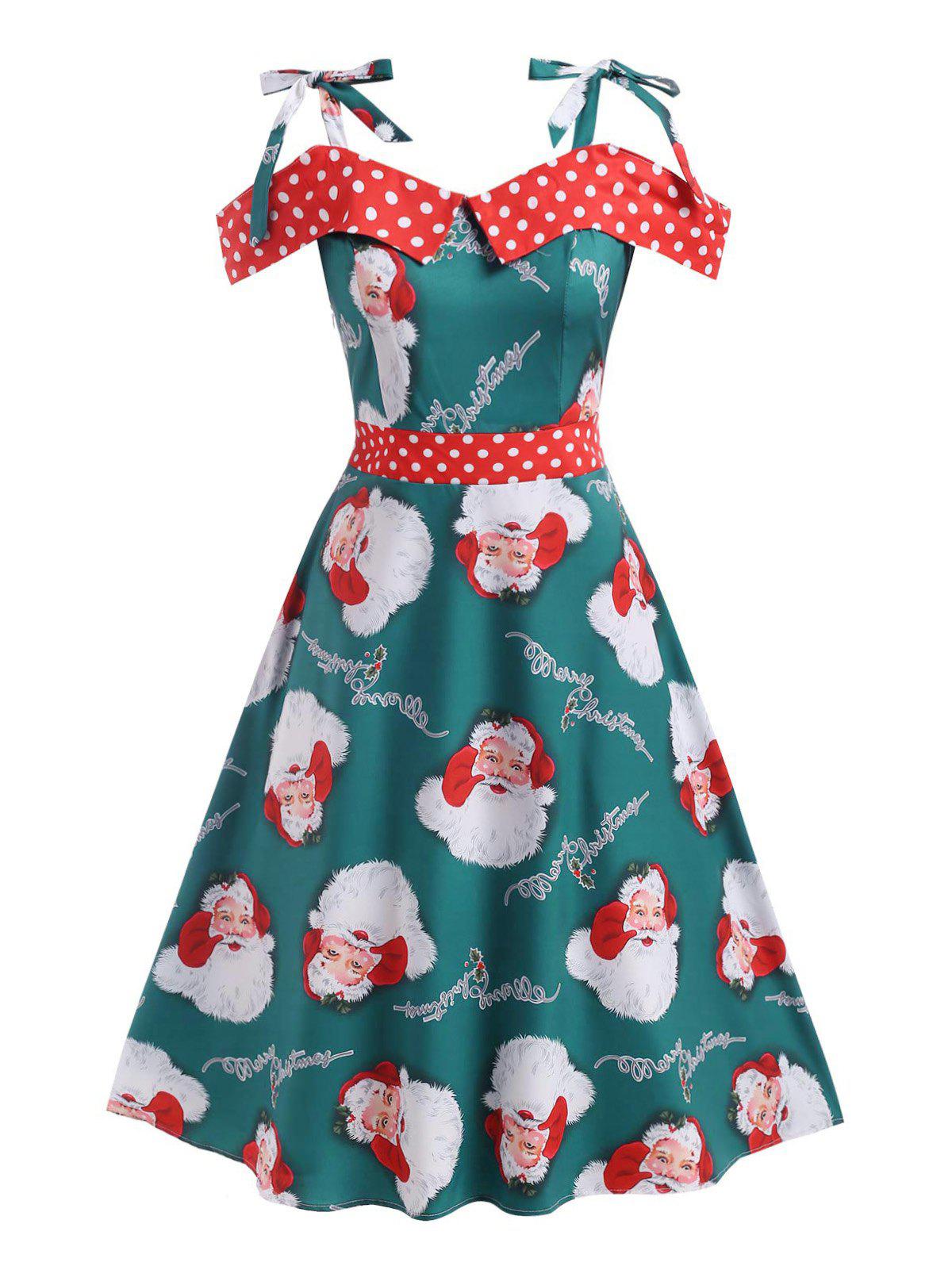 Plus Size Christmas Cold Shoulder Santa Claus Print Dress