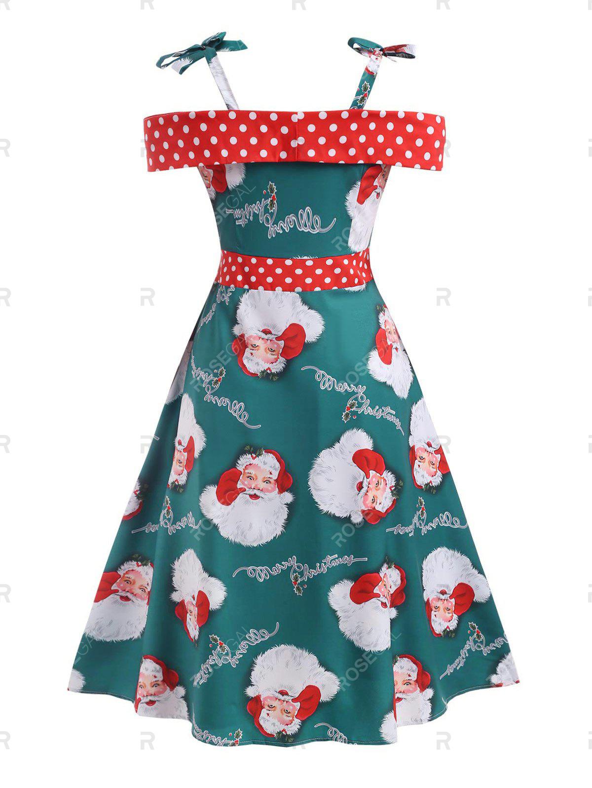 Plus Size Christmas Cold Shoulder Santa Claus Print Dress