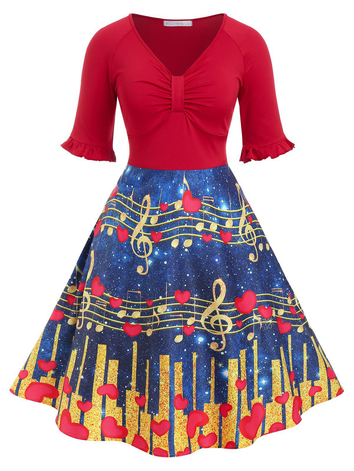 Plus Size 50s Musical Notes Heart Print Vintage Flare Dress