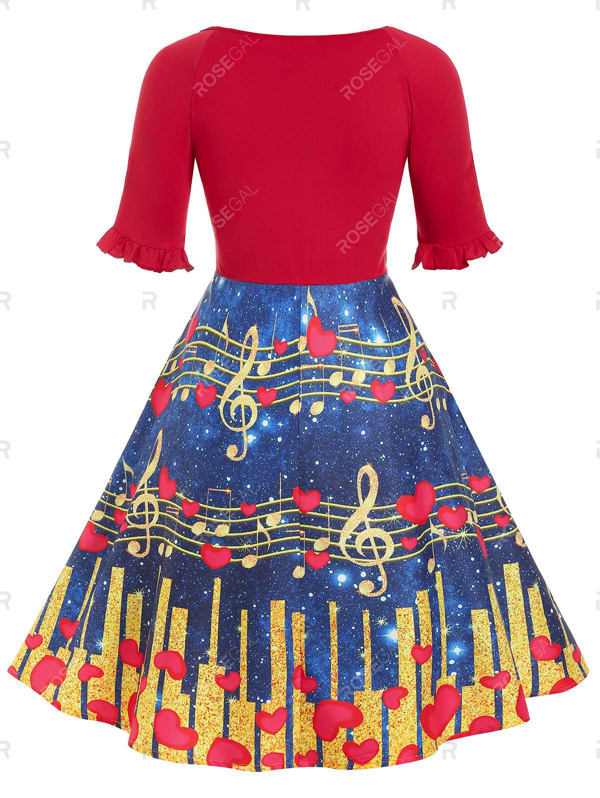 Plus Size 50s Musical Notes Heart Print Vintage Flare Dress