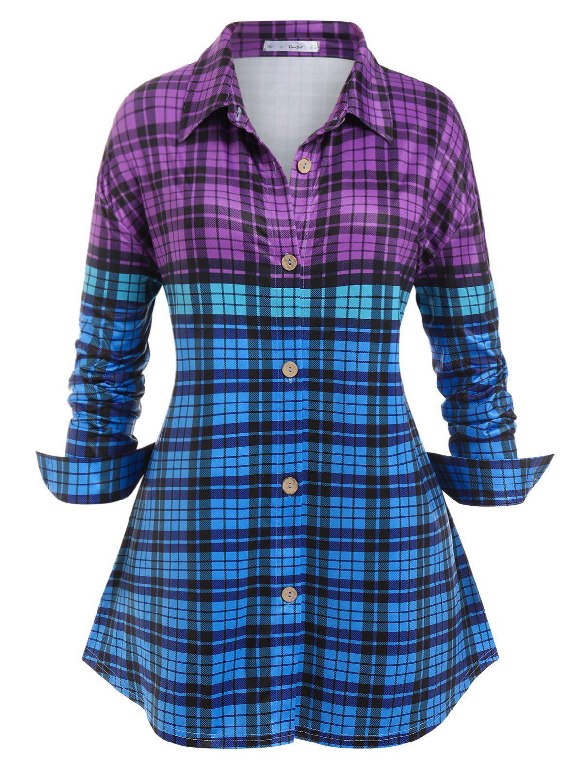 Plus Size Colorblock Plaid Button Up Shirt