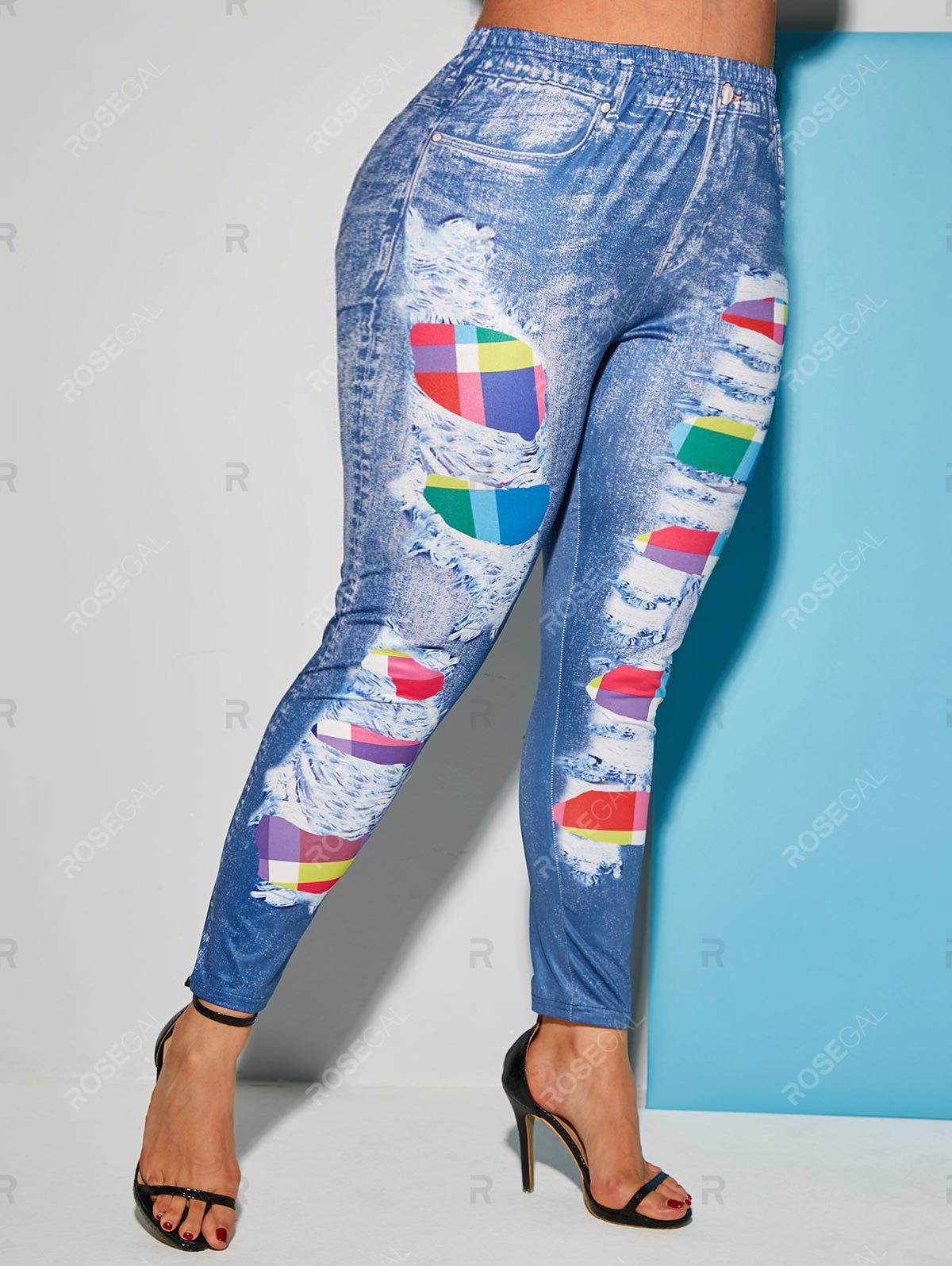 Colorful Plaid Panel 3D Print Plus Size Jeggings