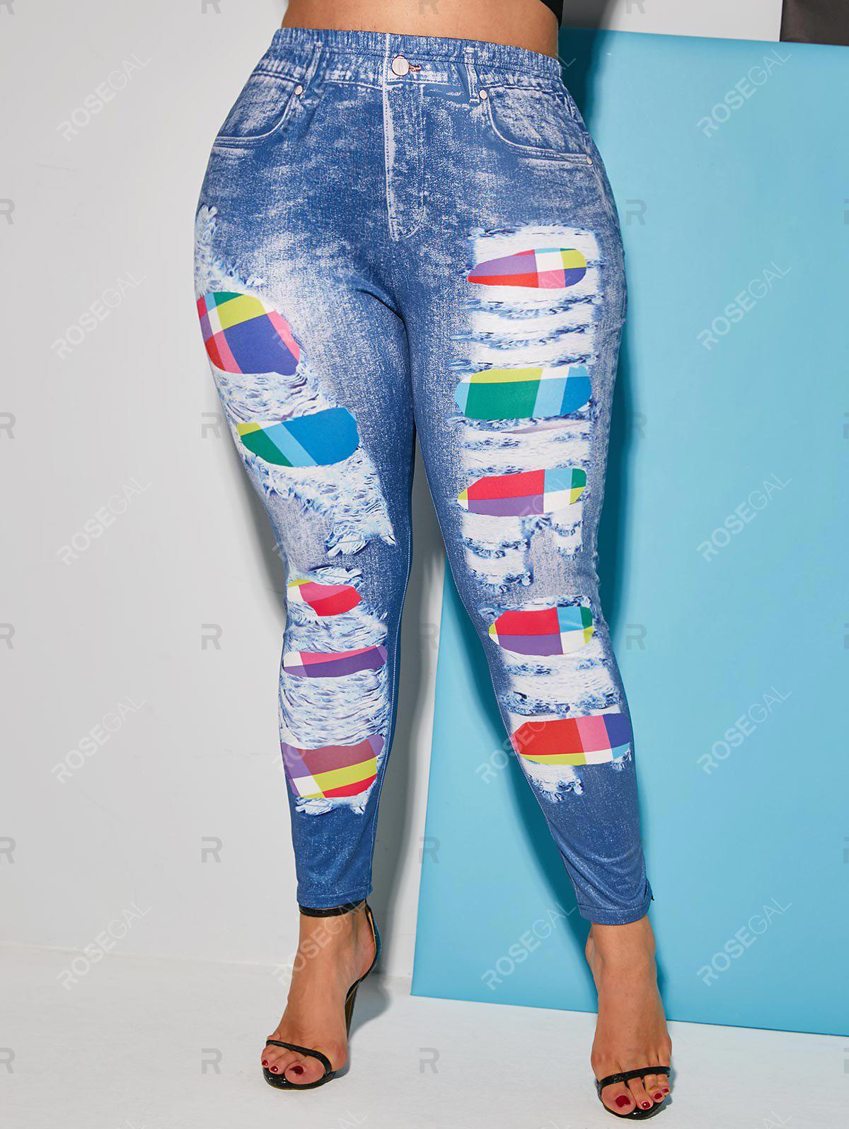 Colorful Plaid Panel 3D Print Plus Size Jeggings