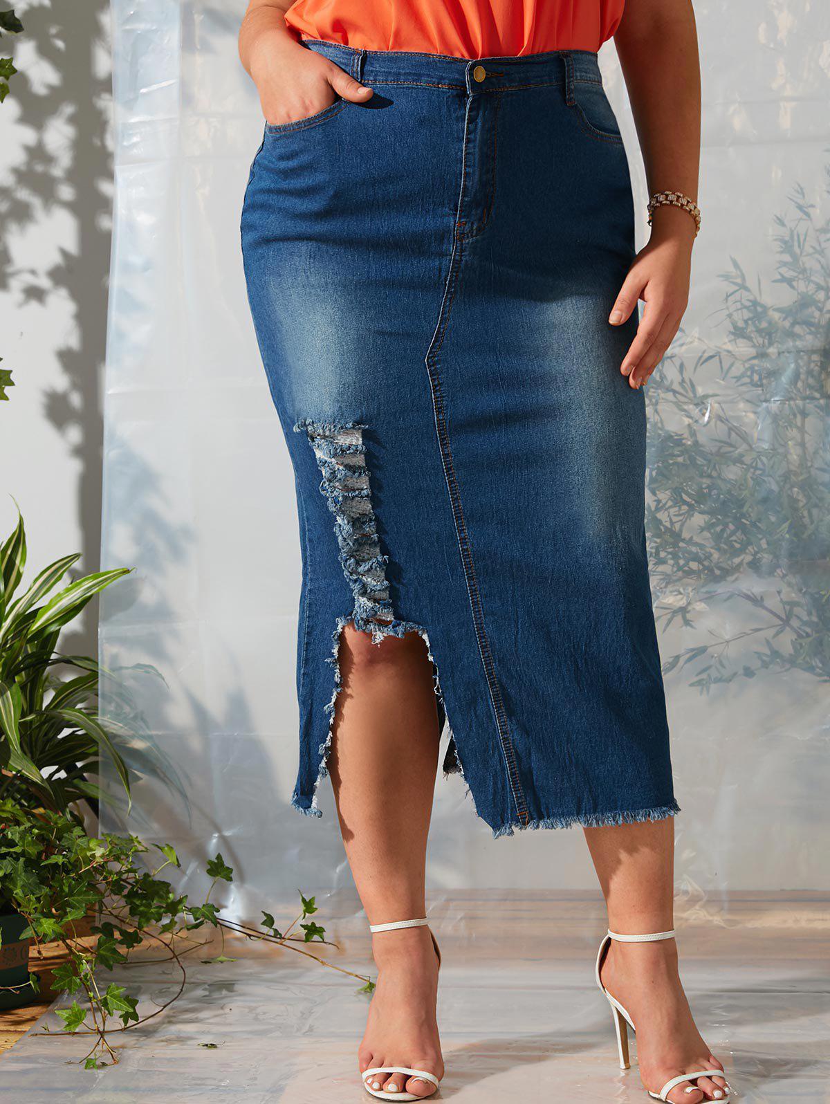 Asymmetrical Distressed Frayed Hem Plus Size Denim Skirt