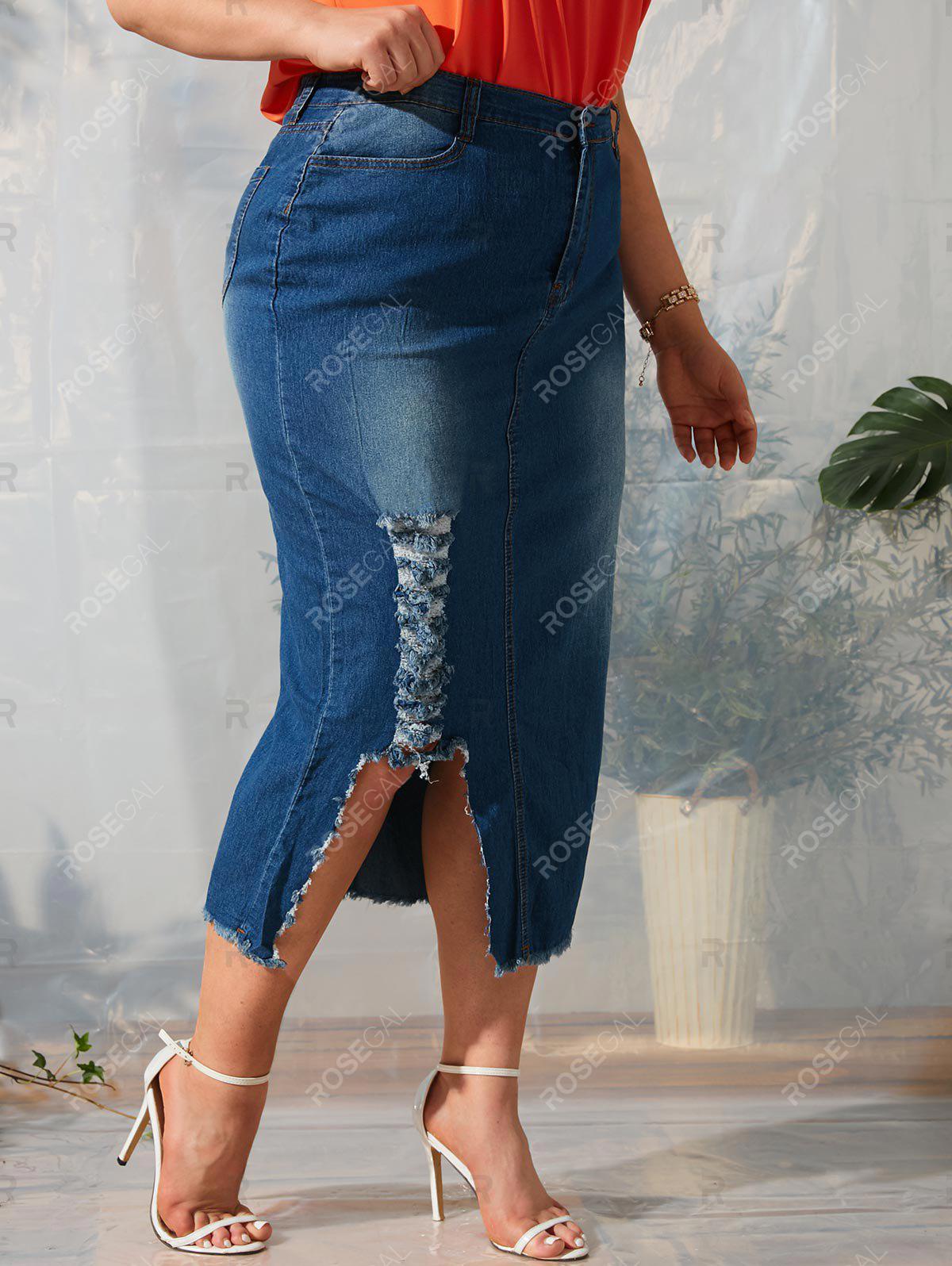 Asymmetrical Distressed Frayed Hem Plus Size Denim Skirt