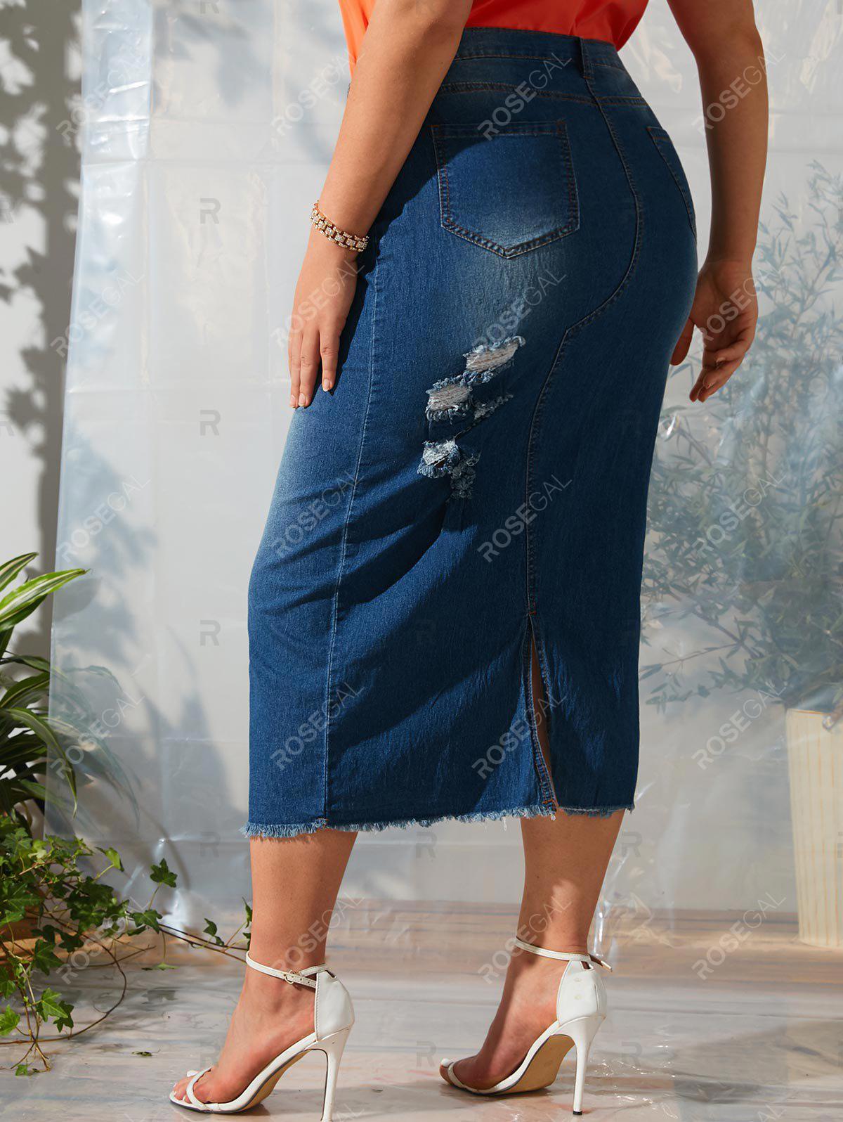 Asymmetrical Distressed Frayed Hem Plus Size Denim Skirt