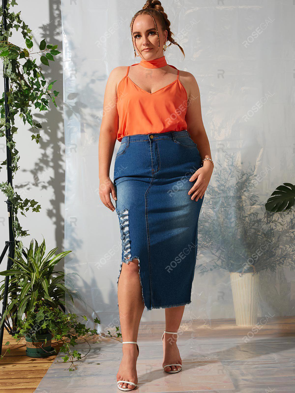 Asymmetrical Distressed Frayed Hem Plus Size Denim Skirt