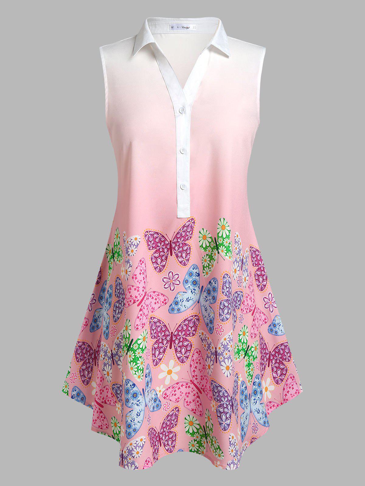 Plus Size Sleeveless Ombre Color Butterfly Print Blouse