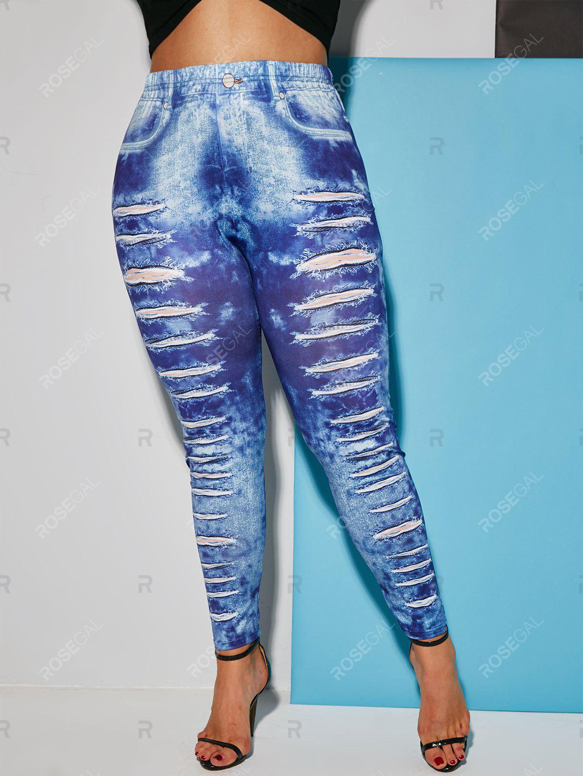 High Waisted 3D Ripped Printed Plus Size Jeggings