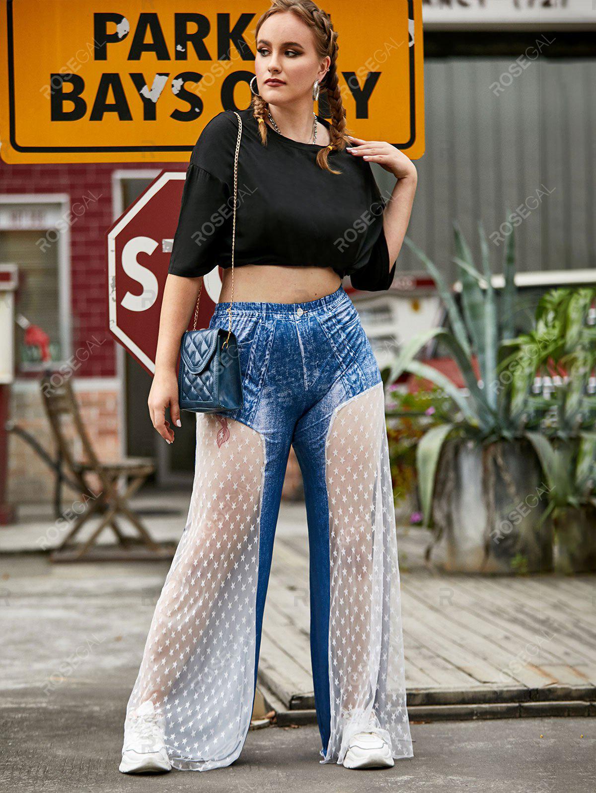 Star Mesh Panel 3D Print Plus Size Wide Leg Pants