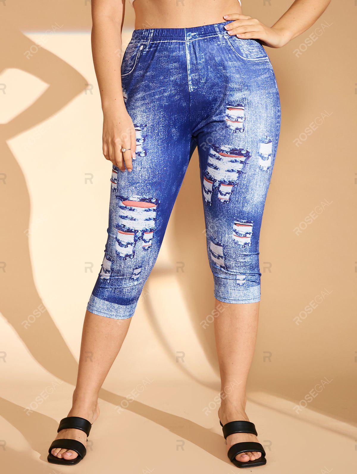 Plus Size 3D Ripped Print Capri Jeggings