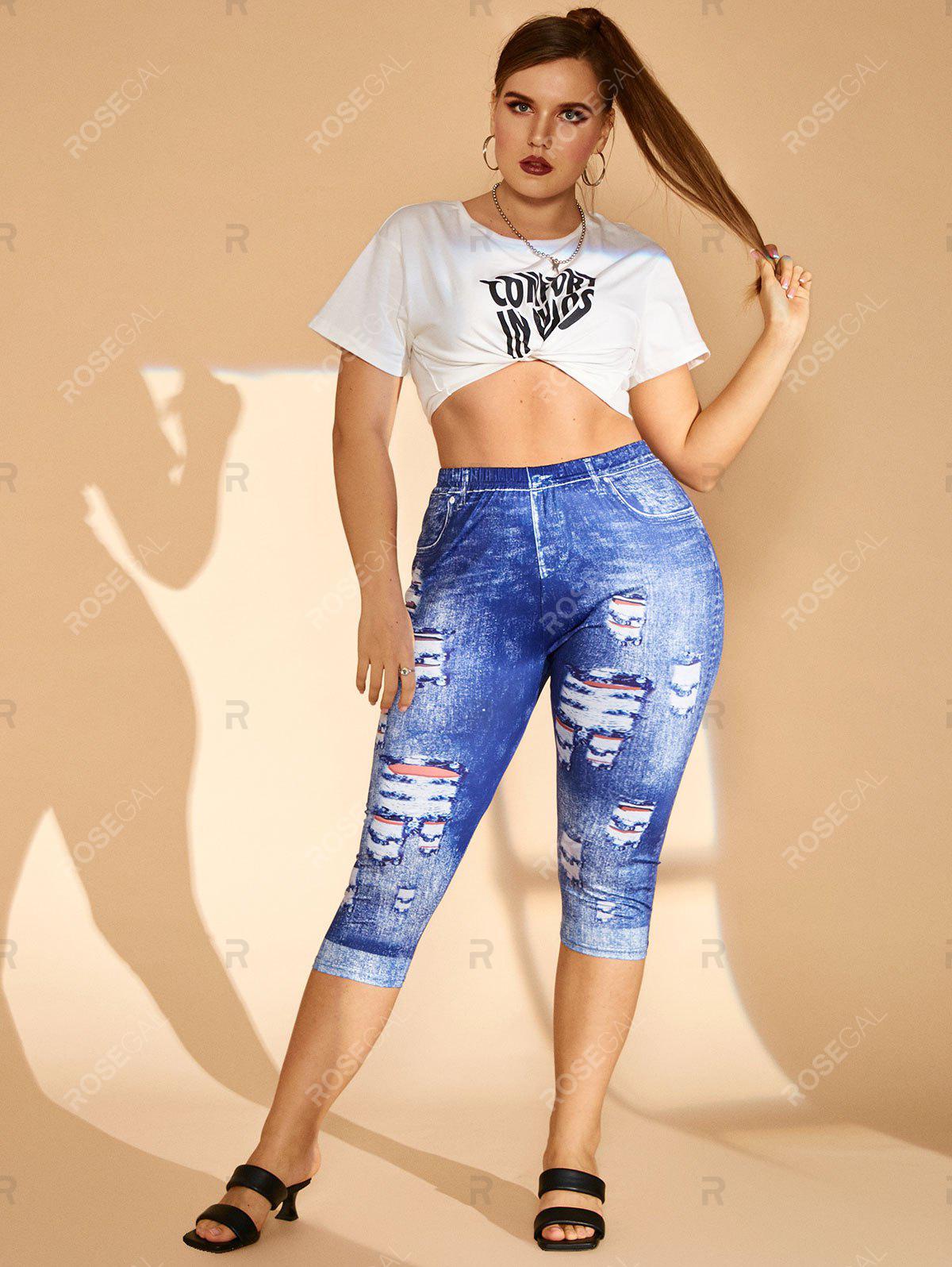 Plus Size 3D Ripped Print Capri Jeggings