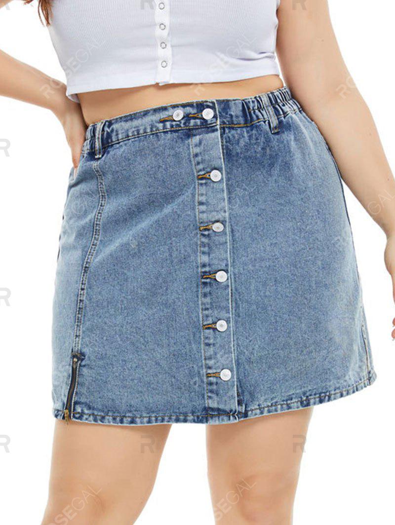 Zippered Hem Button Up Plus Size Denim Skirt