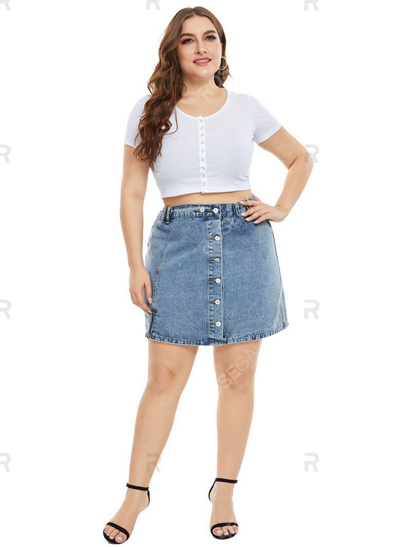 Zippered Hem Button Up Plus Size Denim Skirt