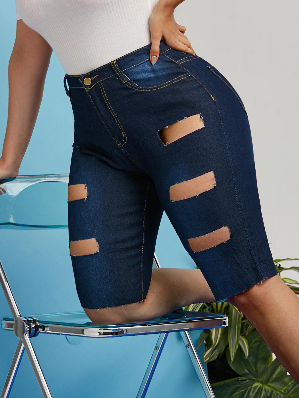 Plus Size Frayed Ladder Cutout Denim Knee Length Shorts