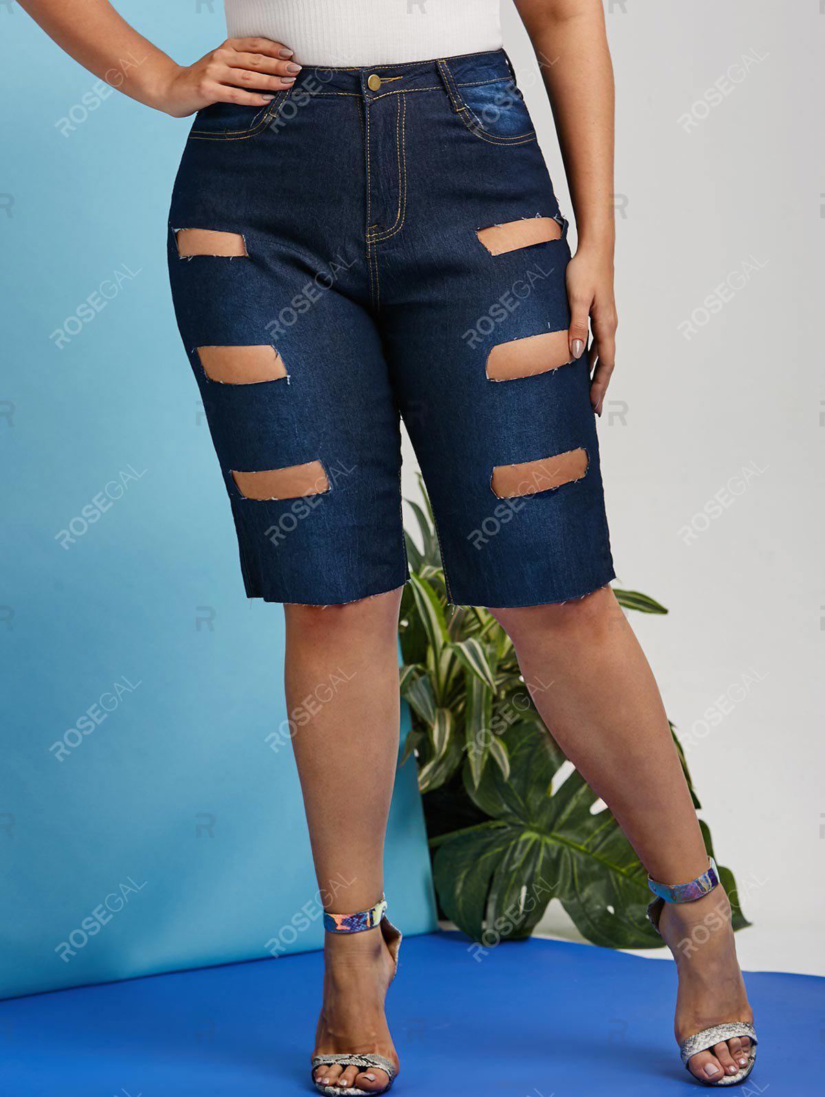 Plus Size Frayed Ladder Cutout Denim Knee Length Shorts