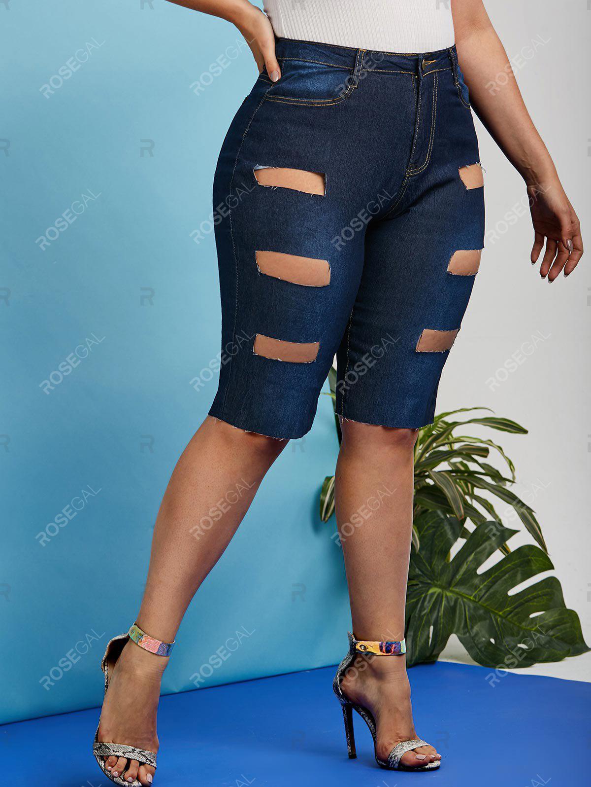 Plus Size Frayed Ladder Cutout Denim Knee Length Shorts