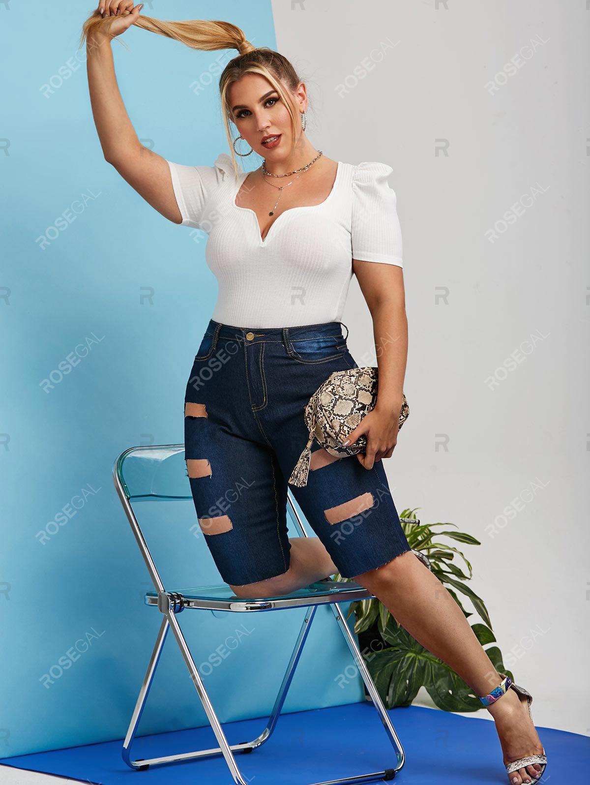 Plus Size Frayed Ladder Cutout Denim Knee Length Shorts