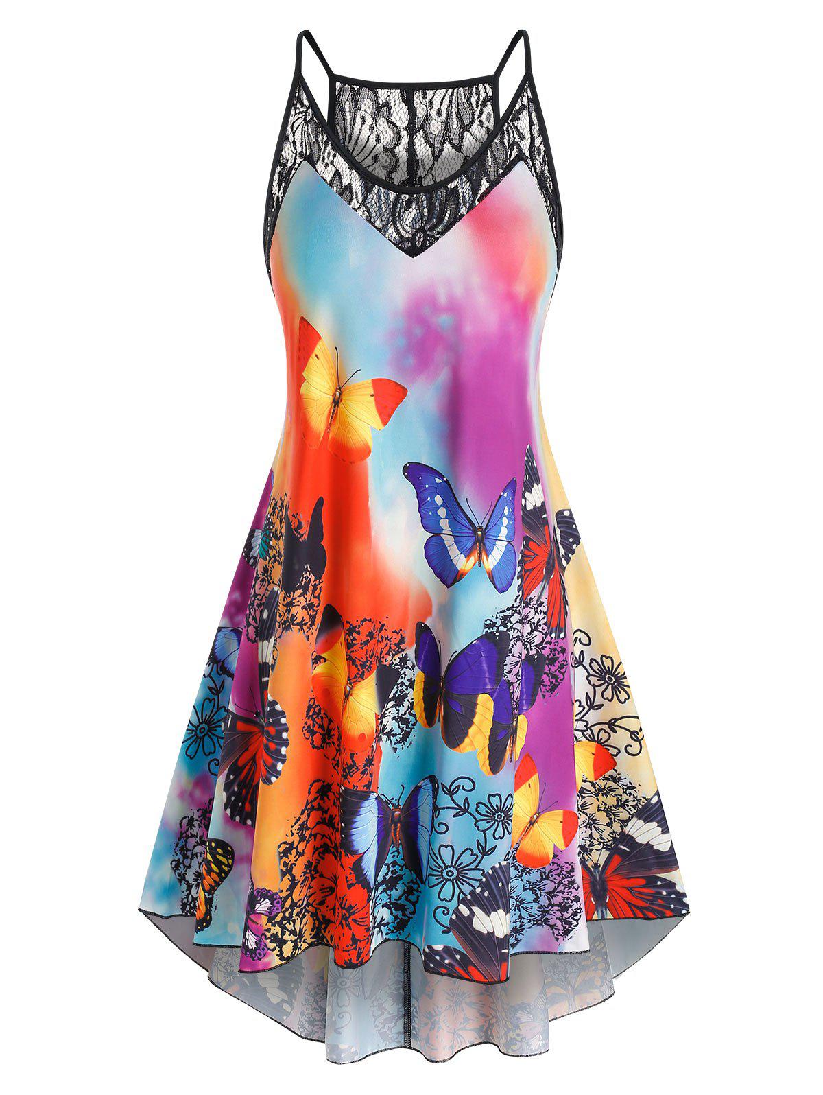 Plus Size Butterfly Print Lace Panel High Low Dress