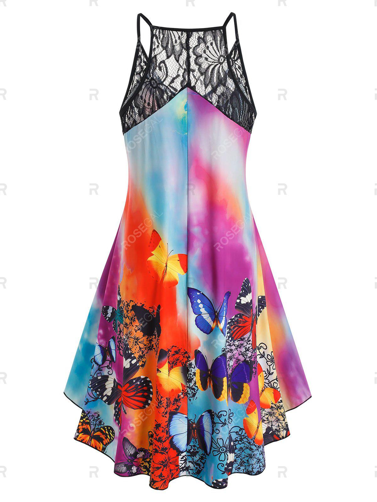 Plus Size Butterfly Print Lace Panel High Low Dress