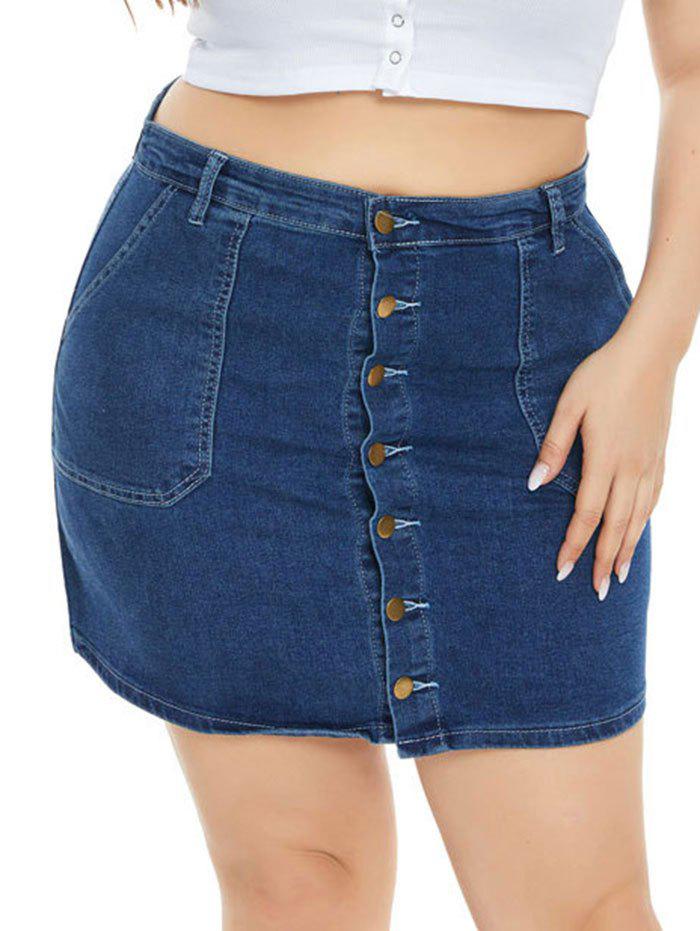 Pockets Button Up Plus Size Denim Skirt