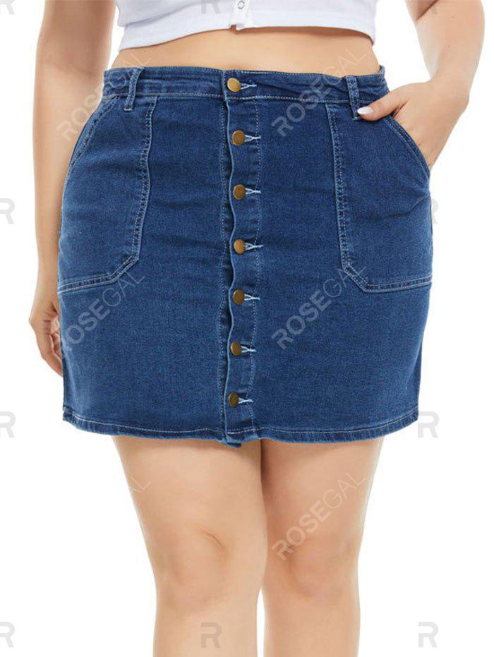 Pockets Button Up Plus Size Denim Skirt