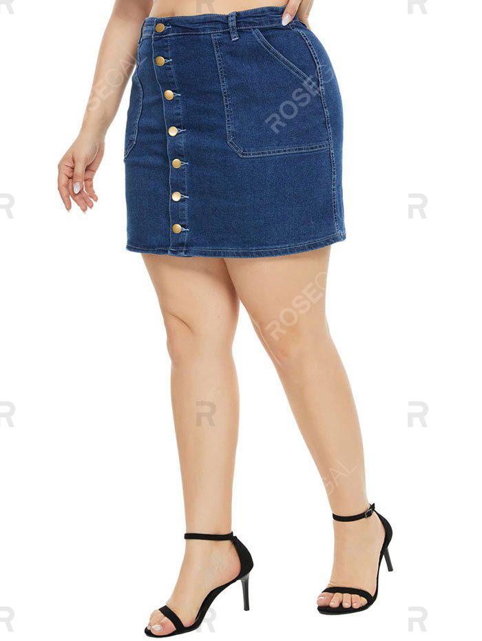 Pockets Button Up Plus Size Denim Skirt