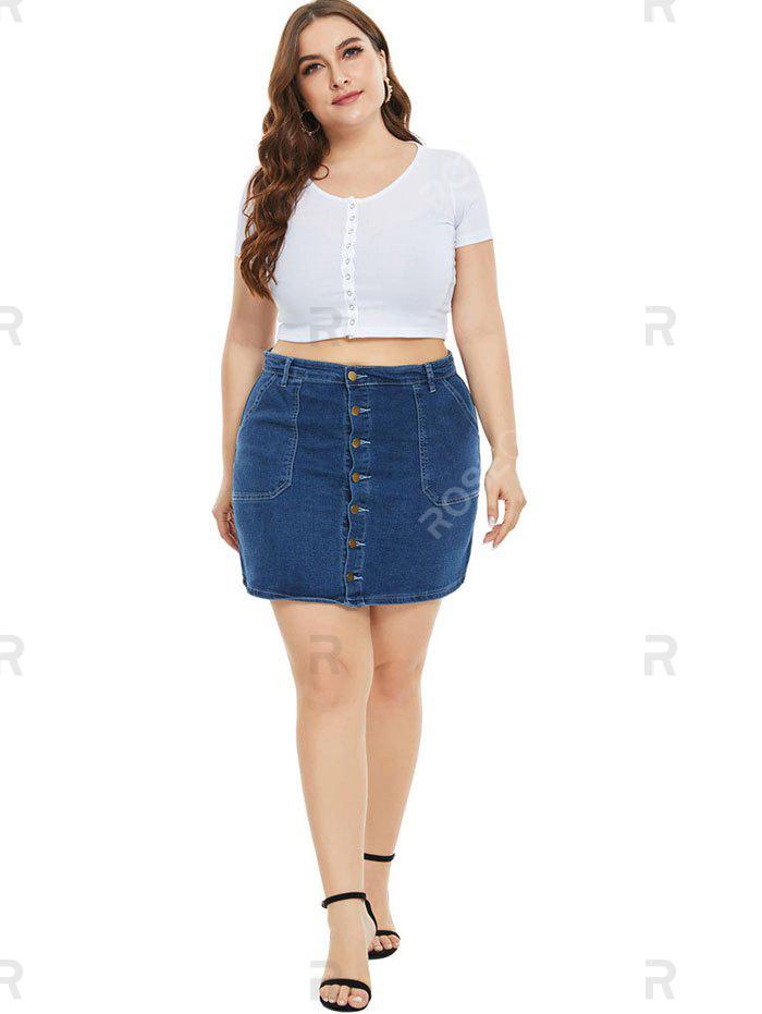 Pockets Button Up Plus Size Denim Skirt