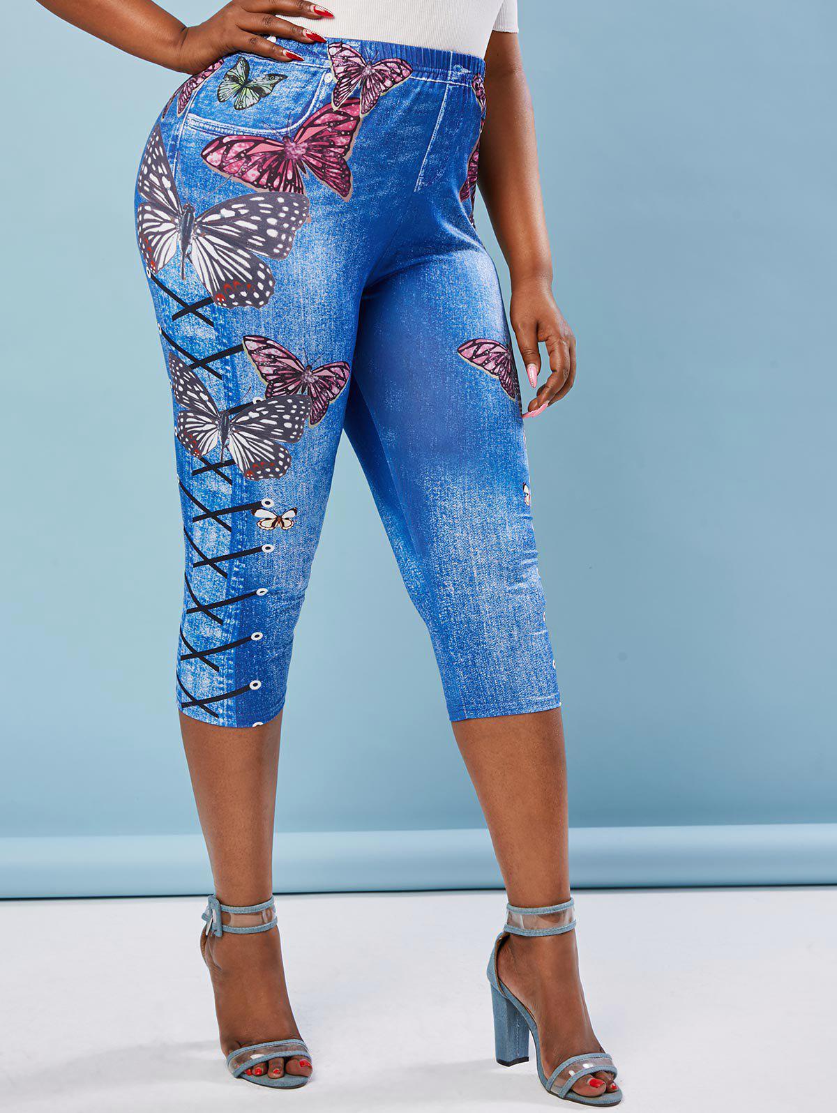 Plus Size Butterfly Lace Up Print Cropped 3D Jeggings