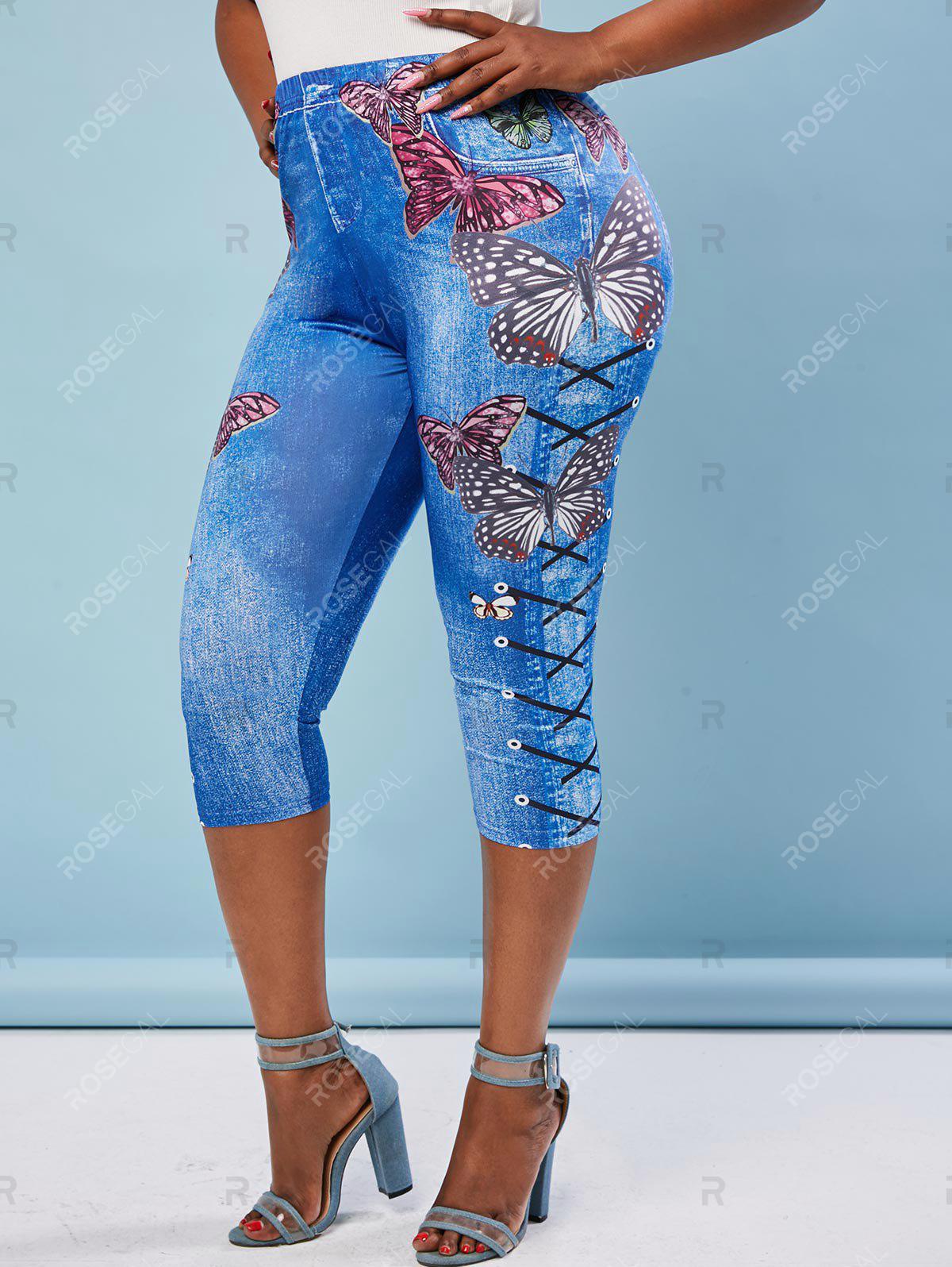 Plus Size Butterfly Lace Up Print Cropped 3D Jeggings