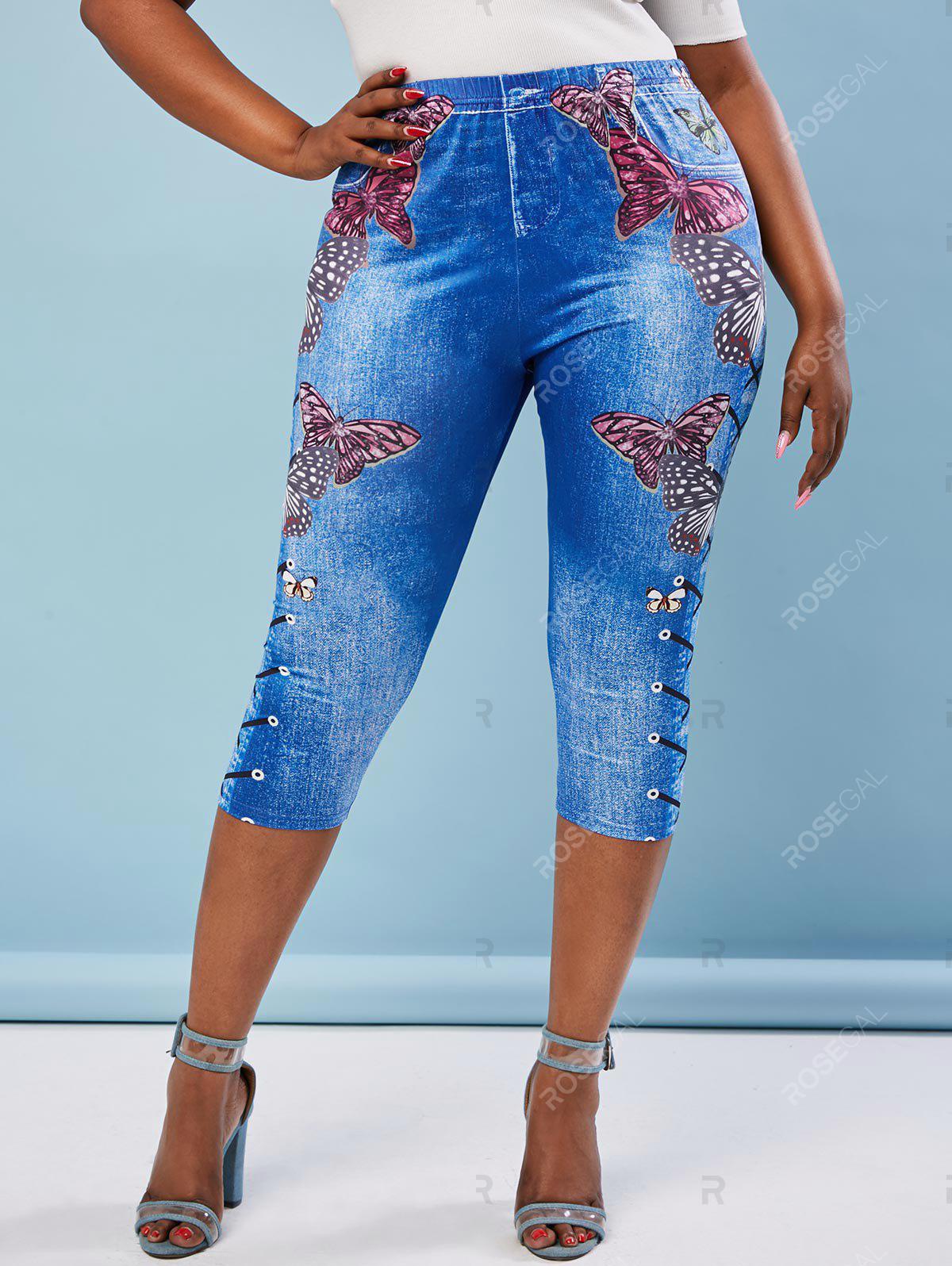 Plus Size Butterfly Lace Up Print Cropped 3D Jeggings