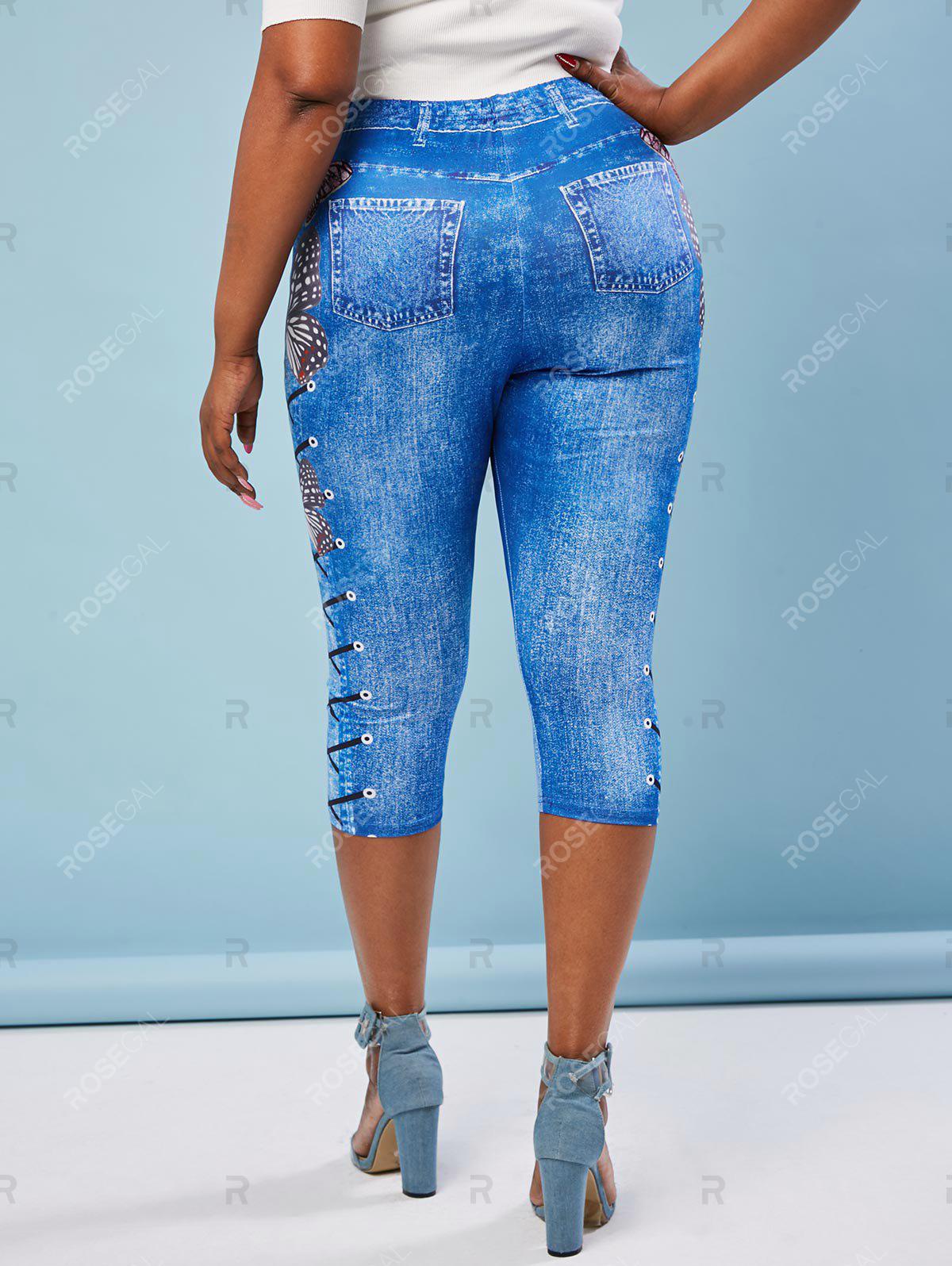 Plus Size Butterfly Lace Up Print Cropped 3D Jeggings