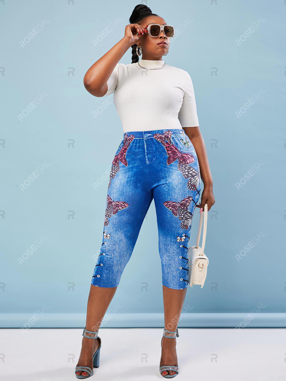 Plus Size Butterfly Lace Up Print Cropped 3D Jeggings