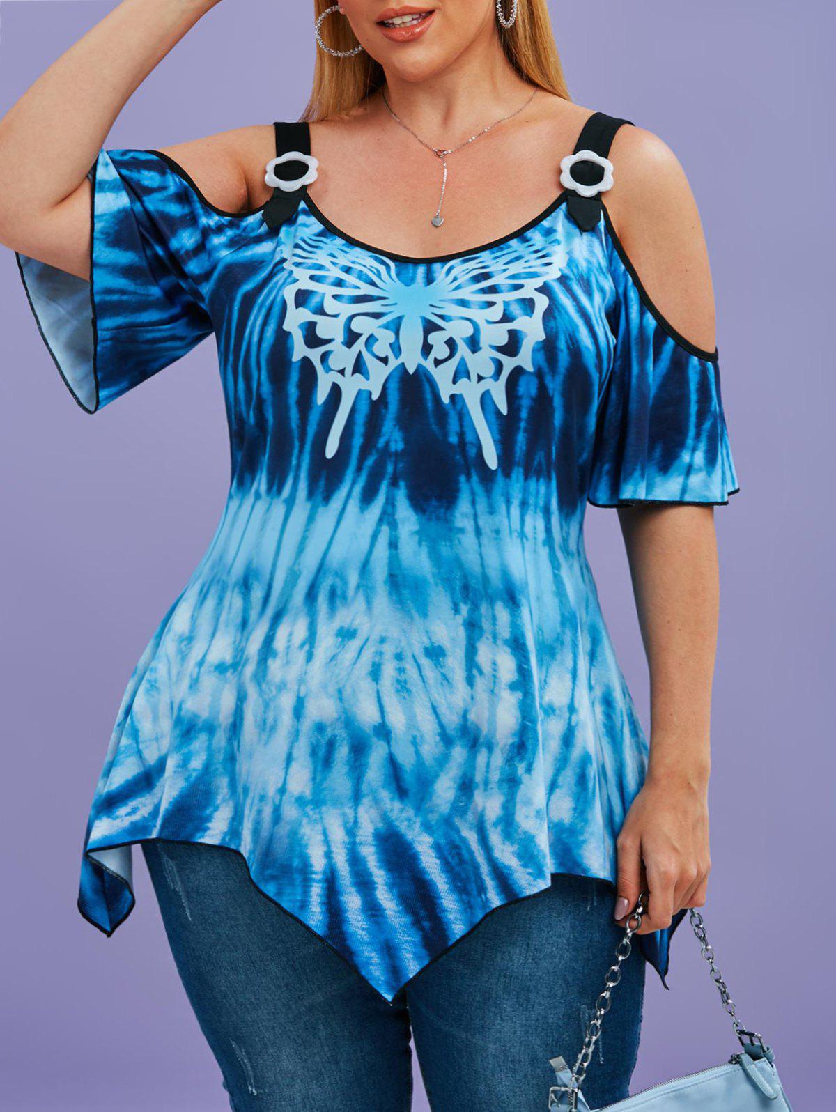 Tie Dye Butterfly Cold Shoulder Handkerchief Plus Size Top