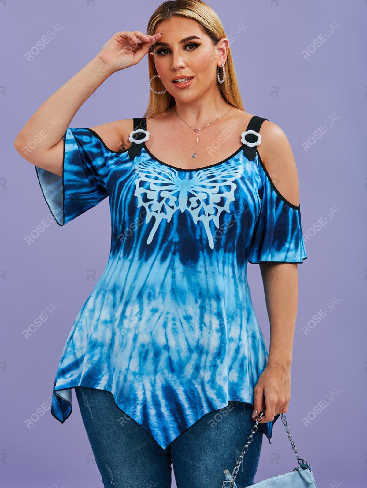 Tie Dye Butterfly Cold Shoulder Handkerchief Plus Size Top