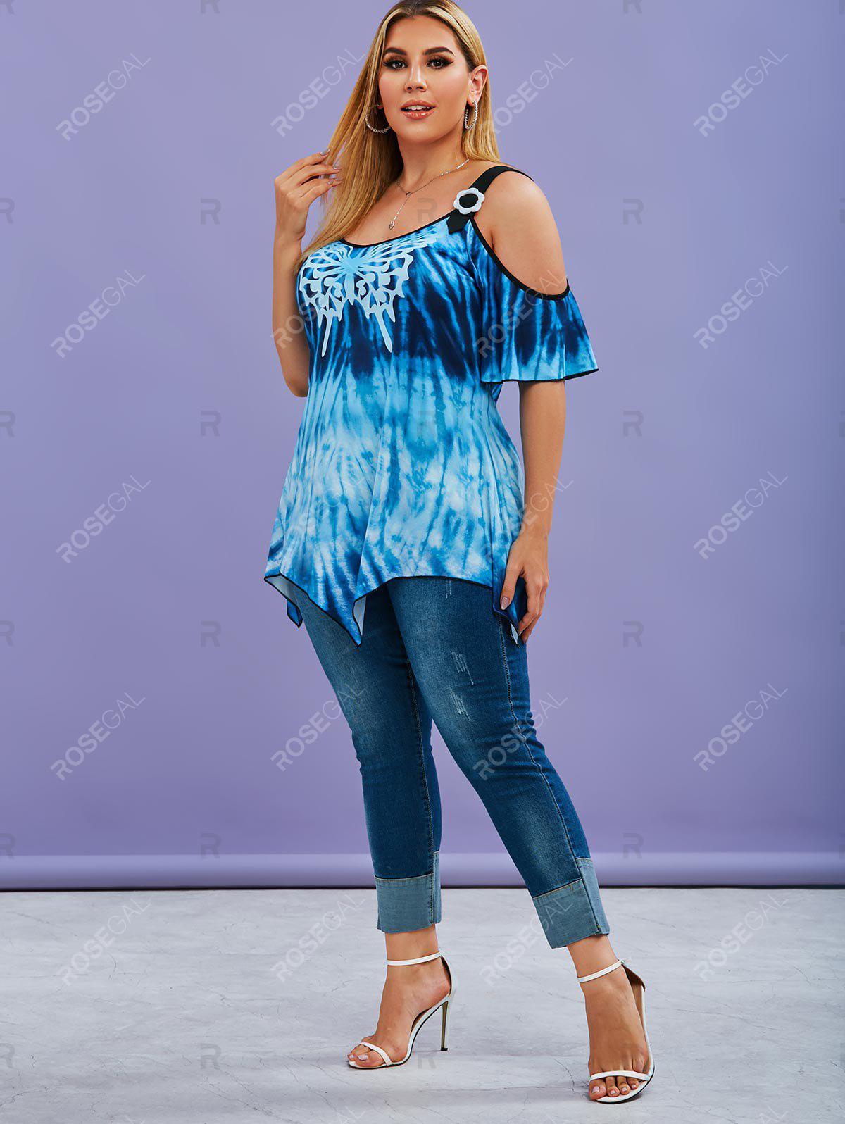 Tie Dye Butterfly Cold Shoulder Handkerchief Plus Size Top