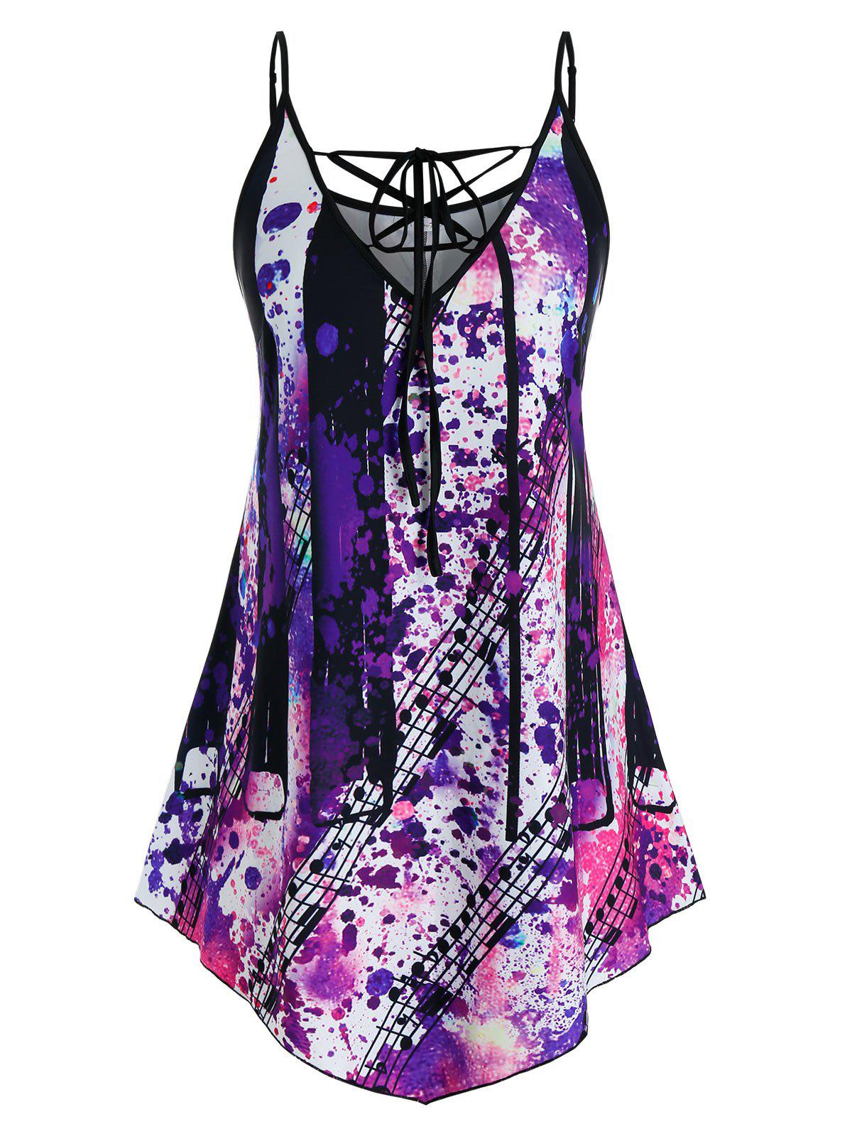 Plus Size Lace Up Splatter Paint Musical Notes ?Tank Top