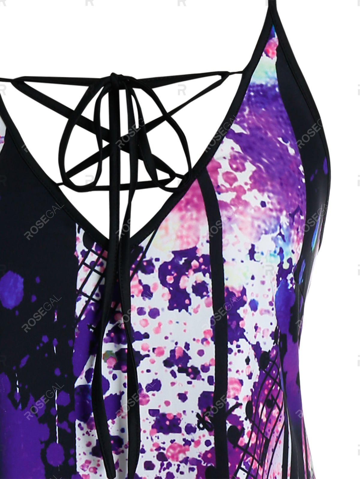 Plus Size Lace Up Splatter Paint Musical Notes ?Tank Top