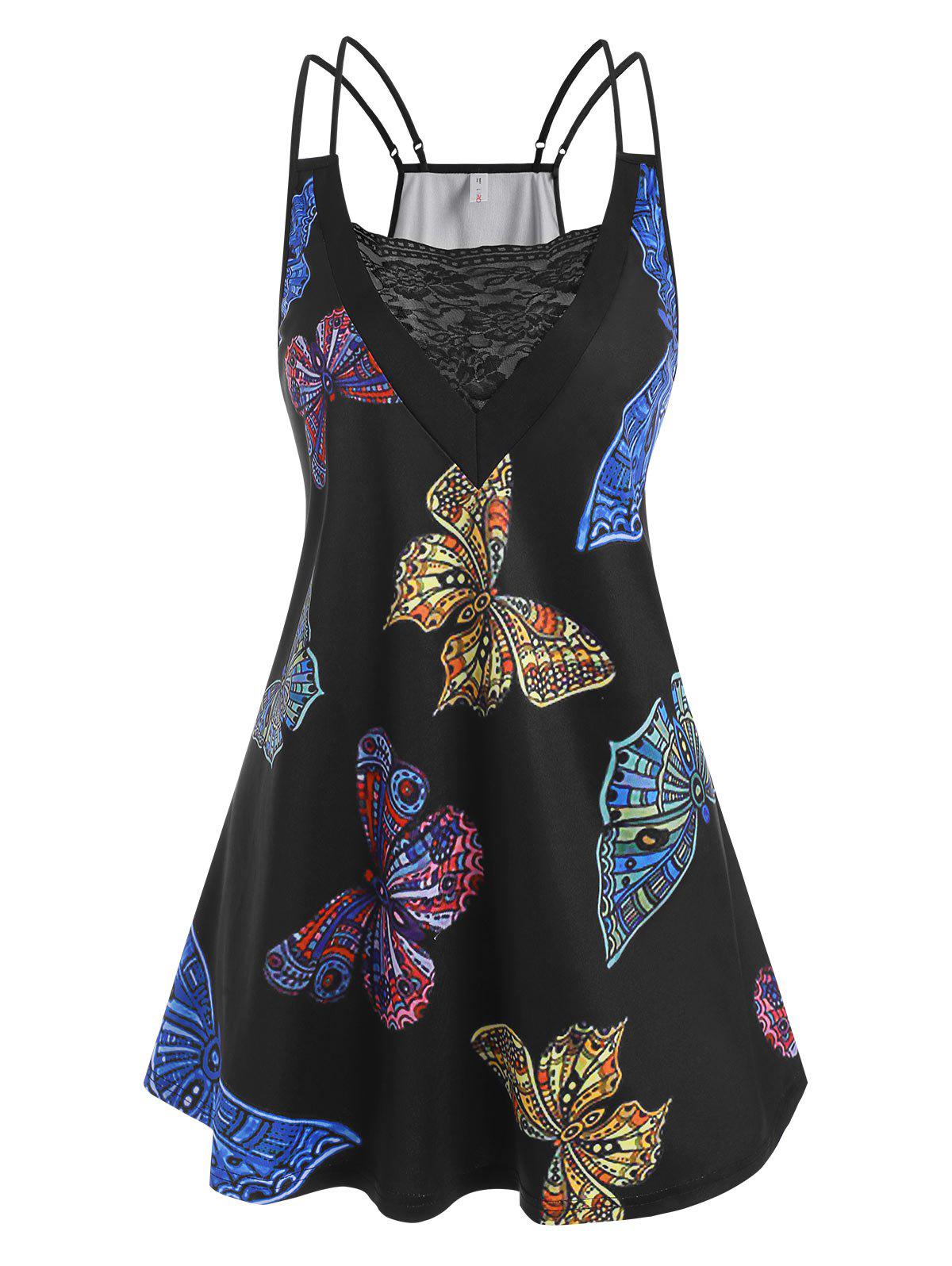 Plus Size Dual Straps Butterfly Print Lace Panel Top