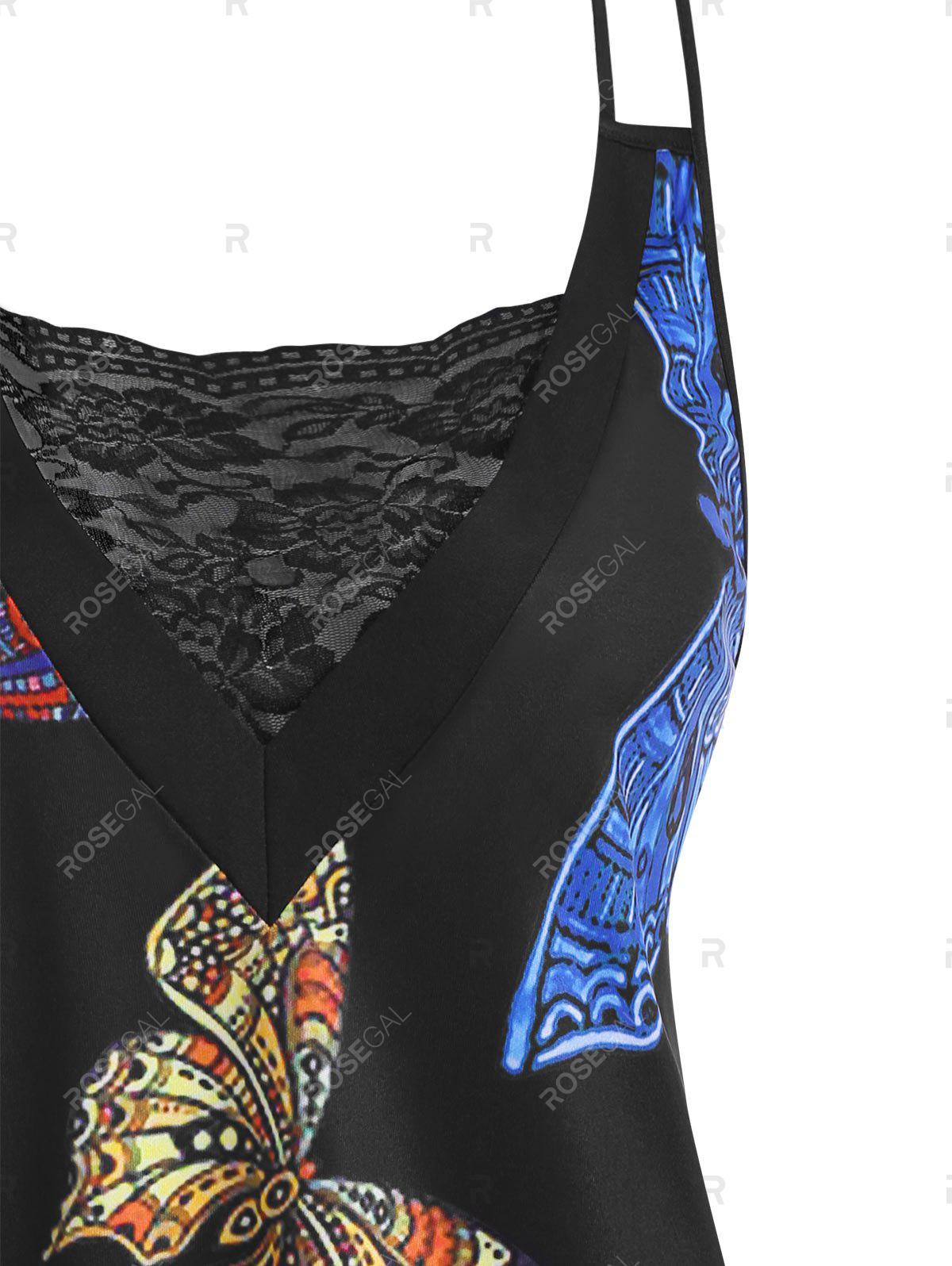 Plus Size Dual Straps Butterfly Print Lace Panel Top