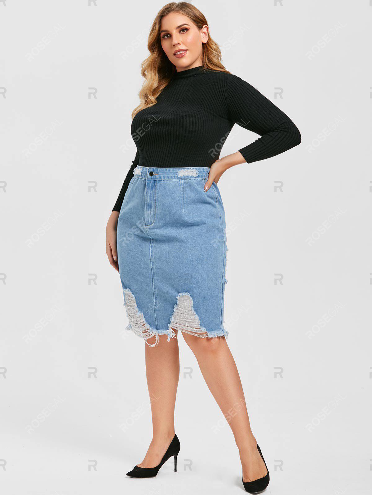 Plus Size Ripped Denim Skirt