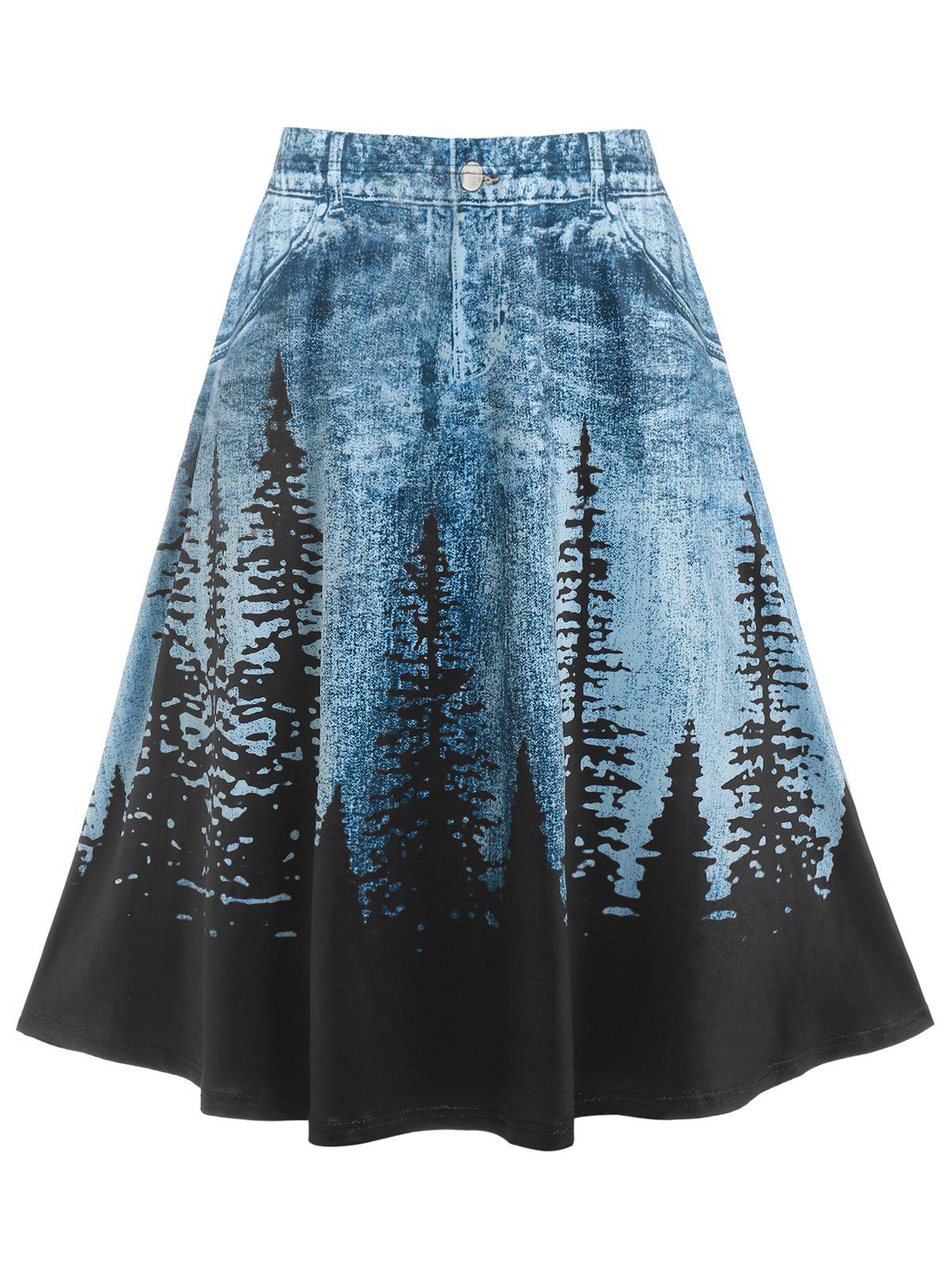 Plus Size 3D Jean Print Trees A Line Skirt