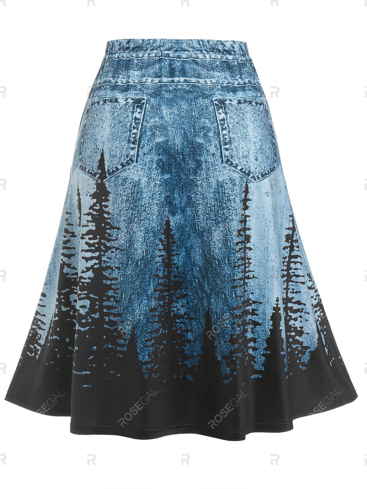 Plus Size 3D Jean Print Trees A Line Skirt