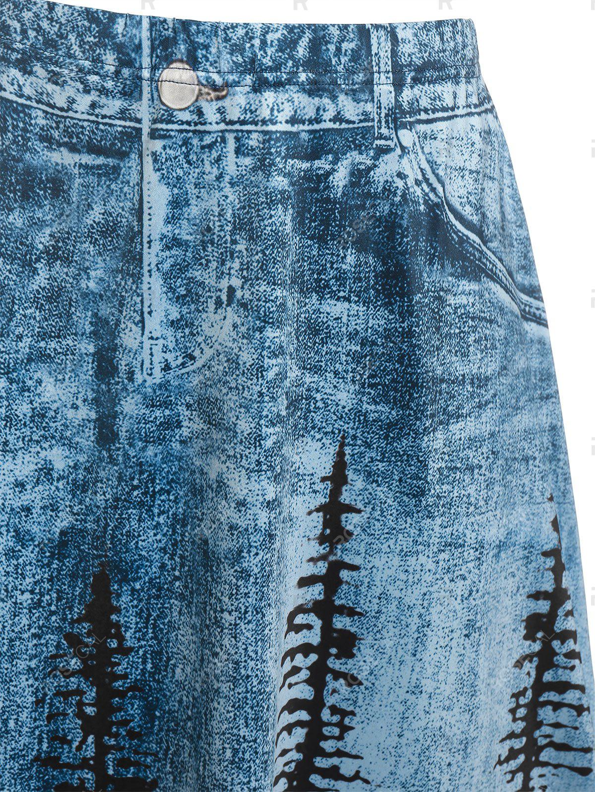 Plus Size 3D Jean Print Trees A Line Skirt