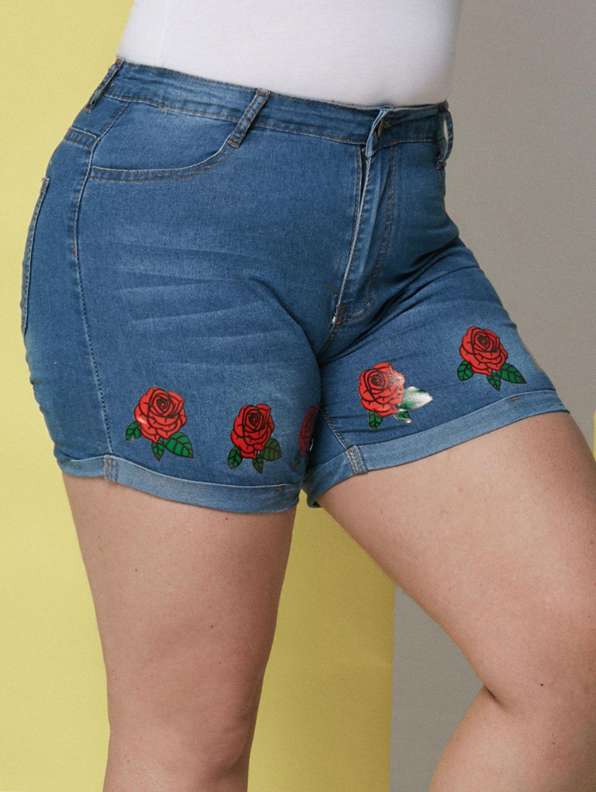 Floral Rose Cuffed Hem Plus Size&Curve Denim Shorts