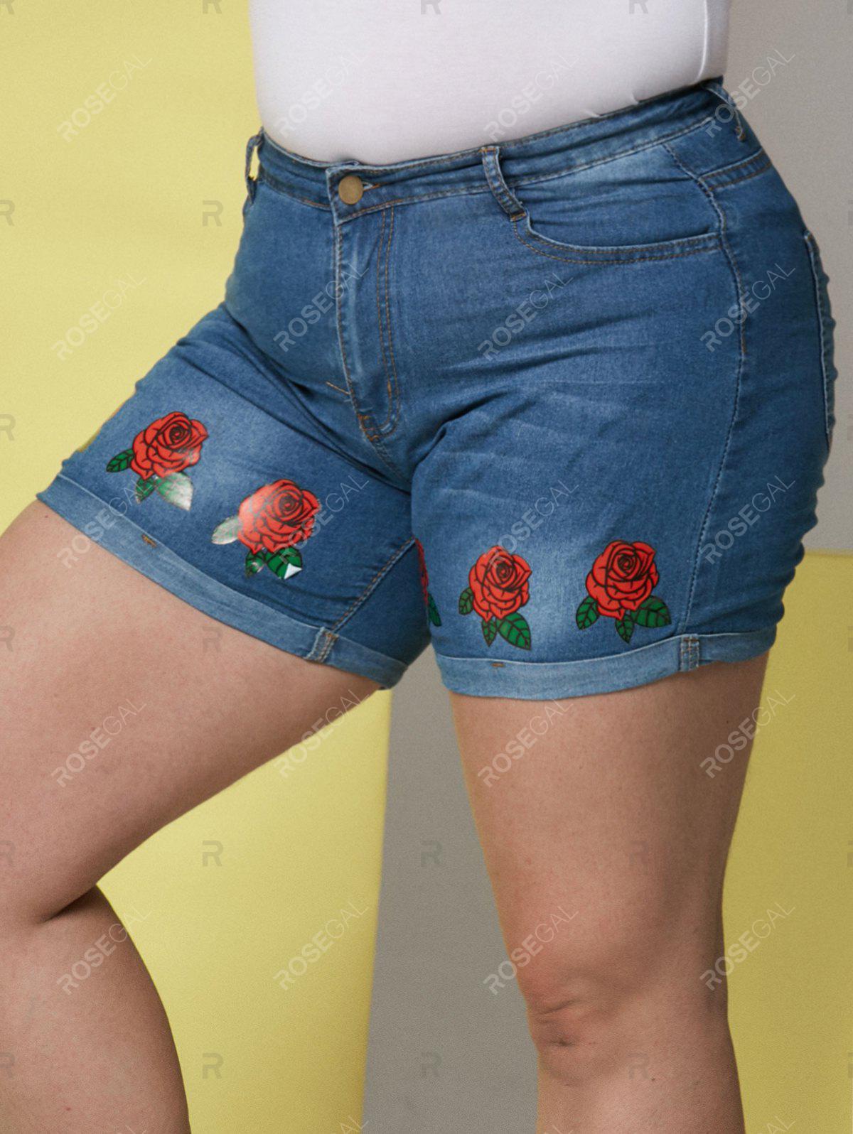 Floral Rose Cuffed Hem Plus Size&Curve Denim Shorts