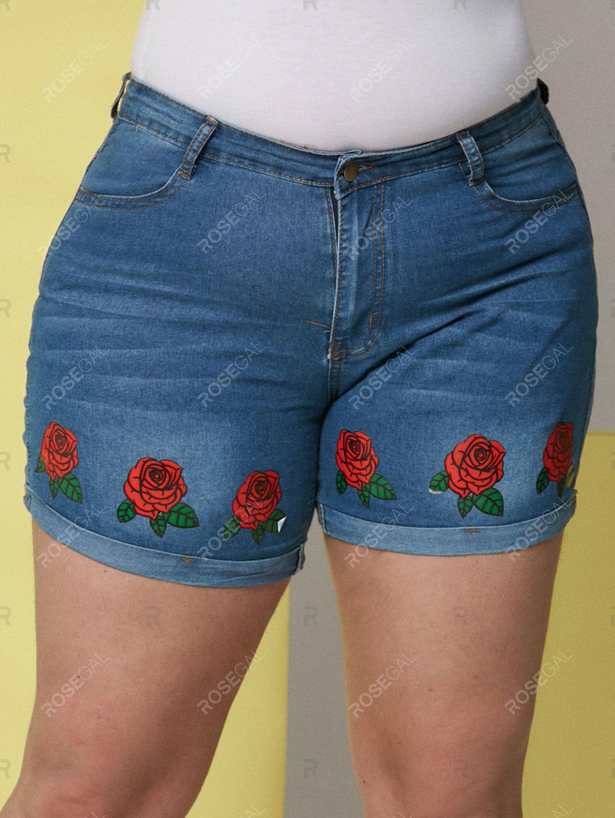 Floral Rose Cuffed Hem Plus Size&Curve Denim Shorts