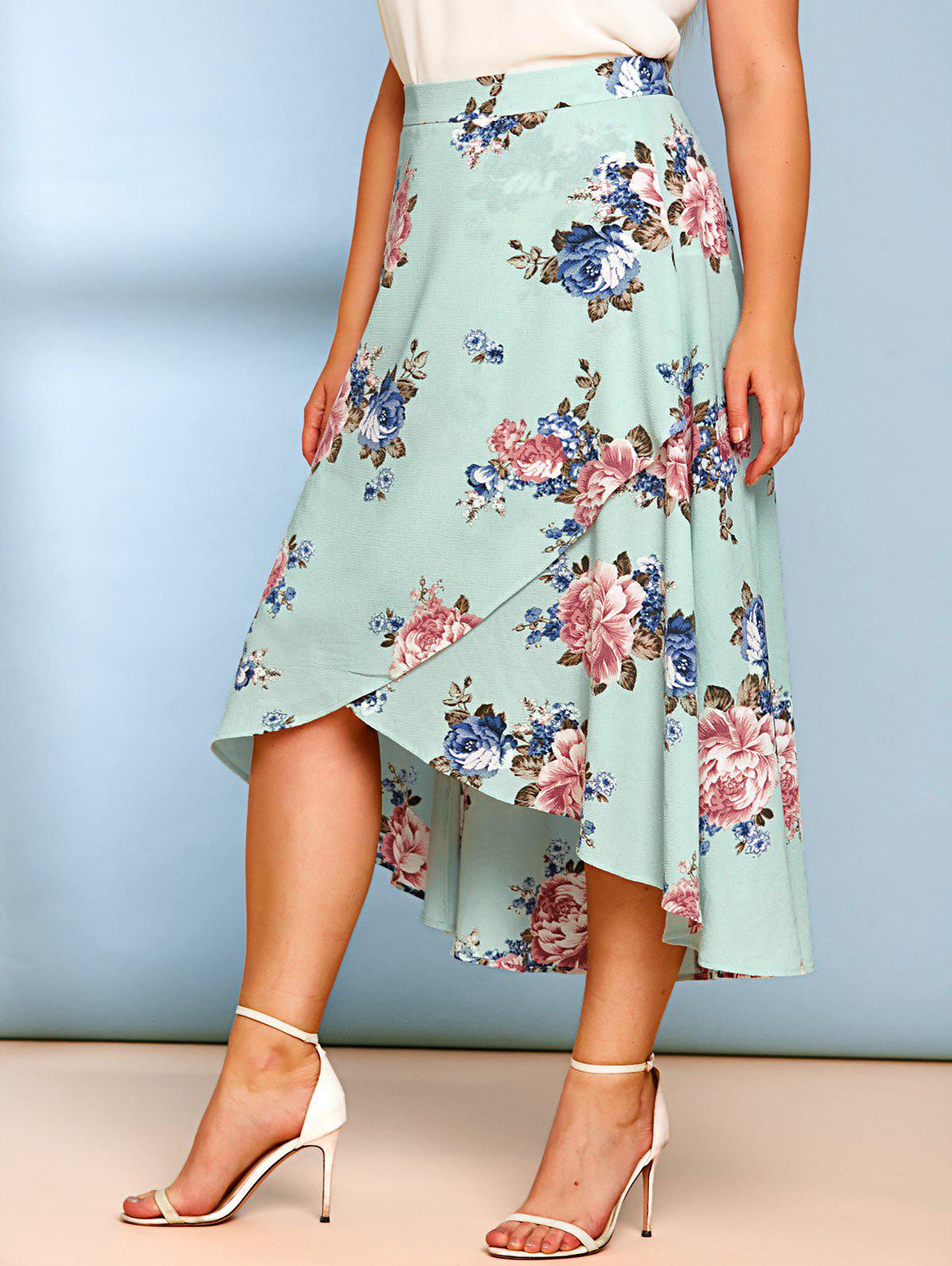 Plus Size Floral Print Surplice Dip Hem Maxi Skirt