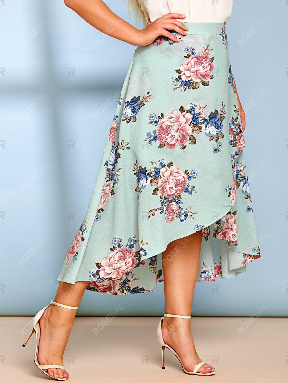 Plus Size Floral Print Surplice Dip Hem Maxi Skirt