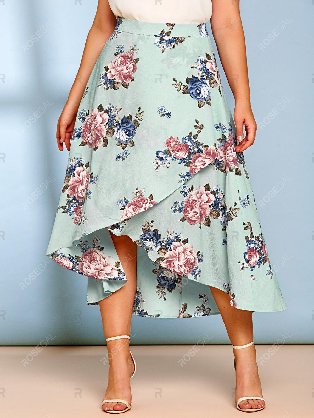 Plus Size Floral Print Surplice Dip Hem Maxi Skirt